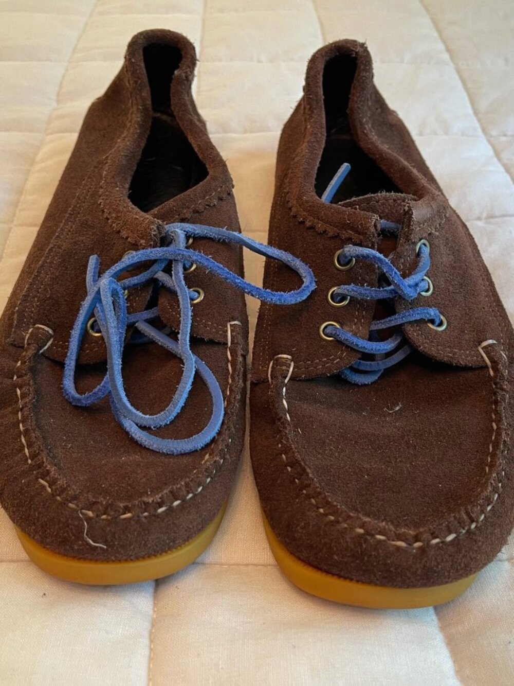 Quoddy Chocolate Suede Camp Moc Blucher, Blue Laces